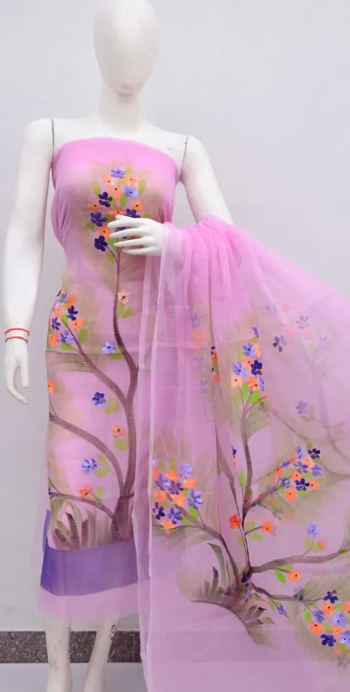 Graceful Kota Doria Dress Material with Hand Brush Print Work – Lightweight Elegance in Every Thread